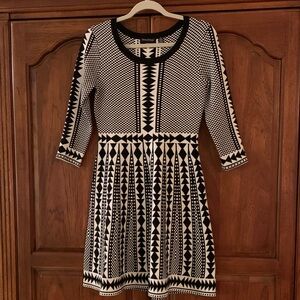 Nina Leonard Women’s Black/White Geometric Pattern Fit & Flare SweaterDressSmall